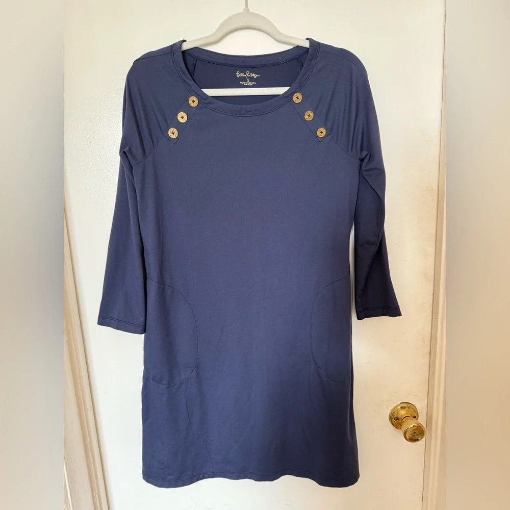 Navy Blue 3/4 Sleeve Dress with Button Accents - Picture 1 of 7